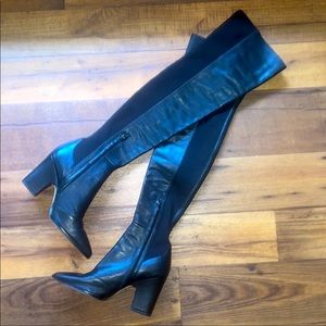 BLACK THIGH HIGH LEATHER AND KNIT HIGH HEEL BOOTS SIZE 6.5 SAM EDELMAN "Natasha"